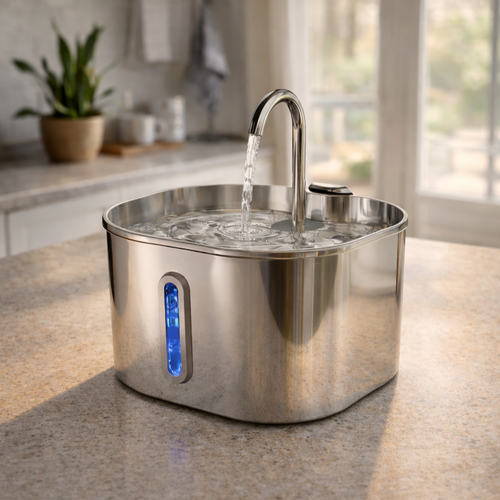 2.2L Stainless Steel Automatic Cat Water Fountain - Stylish Square Design for Pets with Window (No 5V 1A Plug)